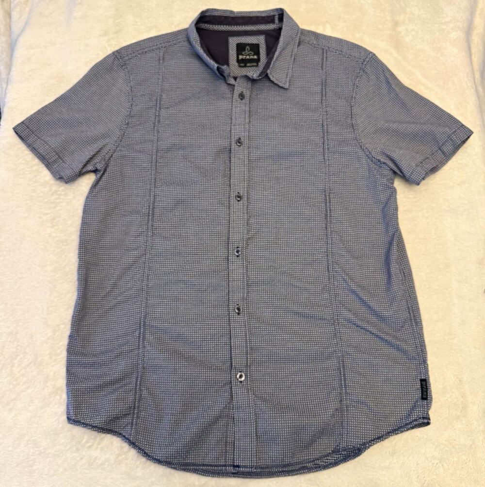 prAna Mens Blue Geometric Button-Up Shirt L Short Sleeve Point Collar Casual